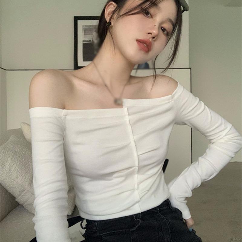 Áo thun tay dài trễ vai màu sắc trơn đơn giản thanh lịch cho nữ
