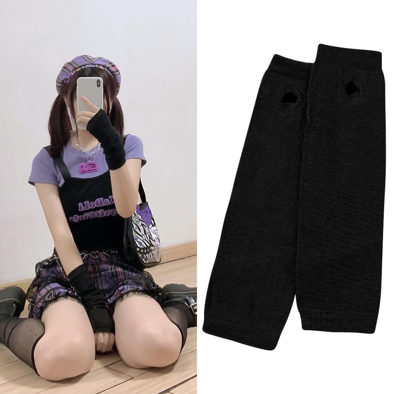 Găng Tay Dài Hở Ngón Chống Nắng Họa Tiết Kẻ Sọc Phong Cách Gothic Thời Trang