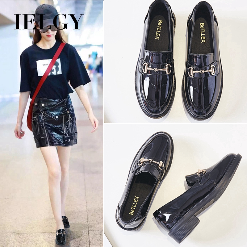 IELGY Giày búp bê  đế bằng màu đen phong cách Hàn Quốc