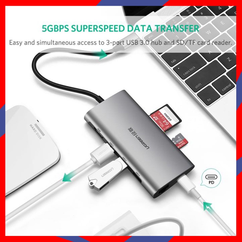 [Mã 1511ELSALE hoàn 7% đơn 300K] CÁP UGREEN 8 IN 1 USB-C HUB MULTI-PORT TYPE C ADAPTER (50538) | WebRaoVat - webraovat.net.vn