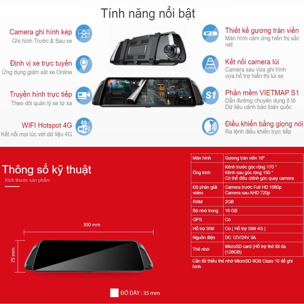 Camera hành trình Vietmap iDVR P2 GPS ghi hình trước sau định vị trực tuyến Kèm Thẻ nhớ