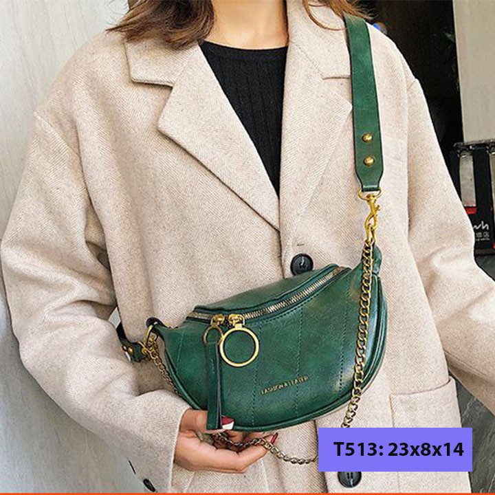 Túi bao tử đeo chéo vải bố unisex nam nữ đeo bụng đeo trước ngực kèm dây xích cá tính T513 | BigBuy360 - bigbuy360.vn