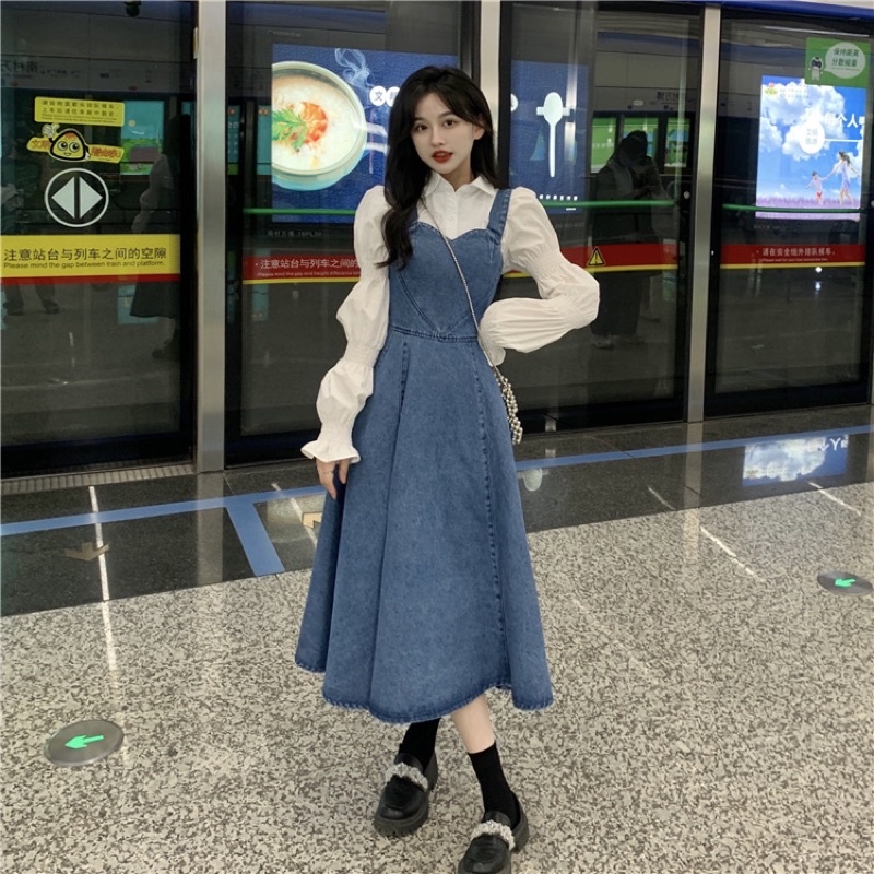 Váy yếm jeans hai dây denim phong cách trẻ trung năng động dáng chữ A