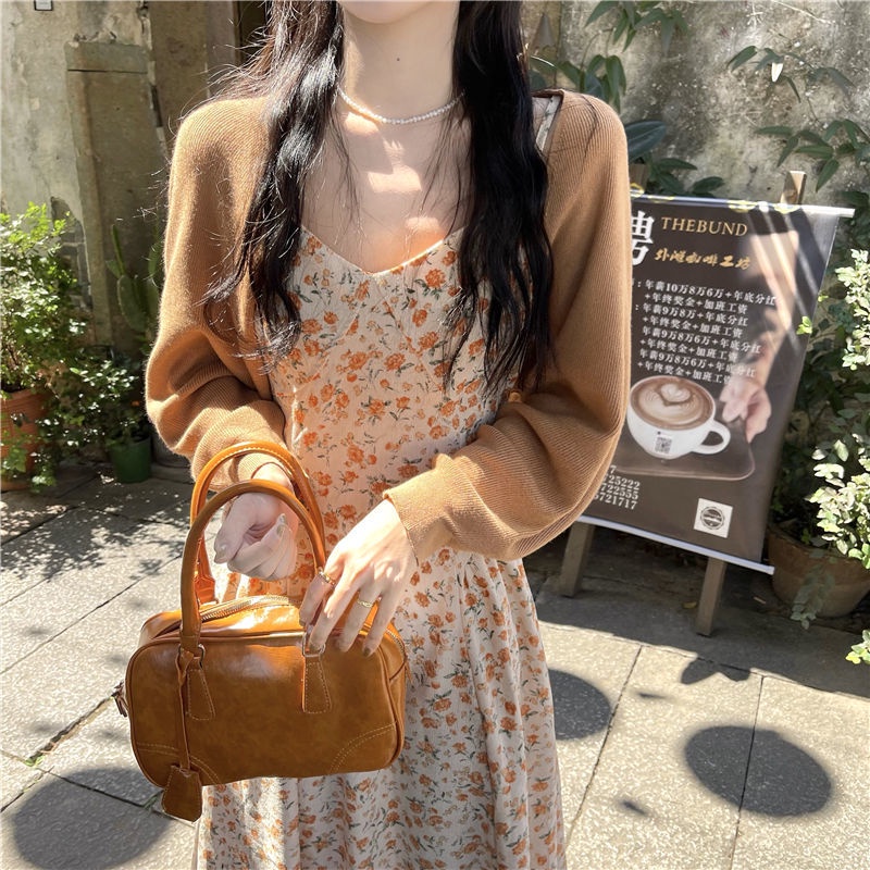 Bộ Áo Khoác cardigan Cổ Chữ V + Đầm Hai Dây Dệt Kim Ngắn In Hoa Nhỏ Phong Cách Hàn Quốc Thời Trang