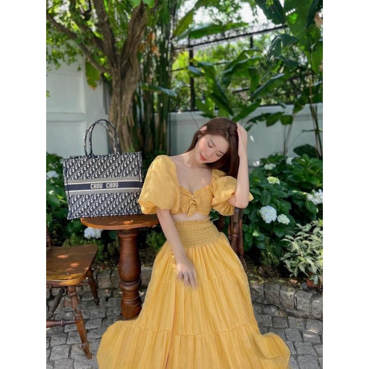 Set maxi đi biển tay phồng mặc 2 kiểu HAKIEU