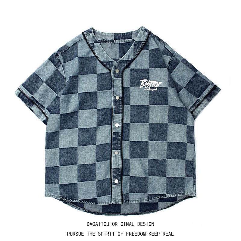 Áo Khoác Bóng Chày Denim Tay Ngắn Cổ Chữ V Phối Họa Tiết Kẻ Sọc Thời Trang Retro Đường Phố Nhật Bản Cho Nam Và Nữ