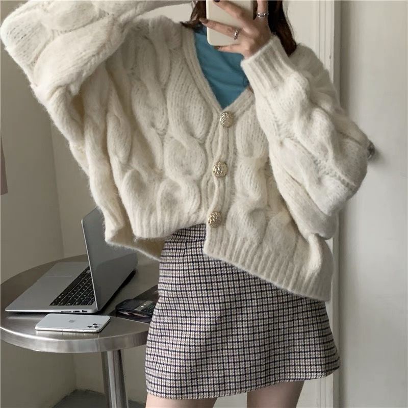 Áo khoác cardigan dệt kim cổ chữ V dáng rộng phong cách Hàn Quốc mới cho nữ sinh
