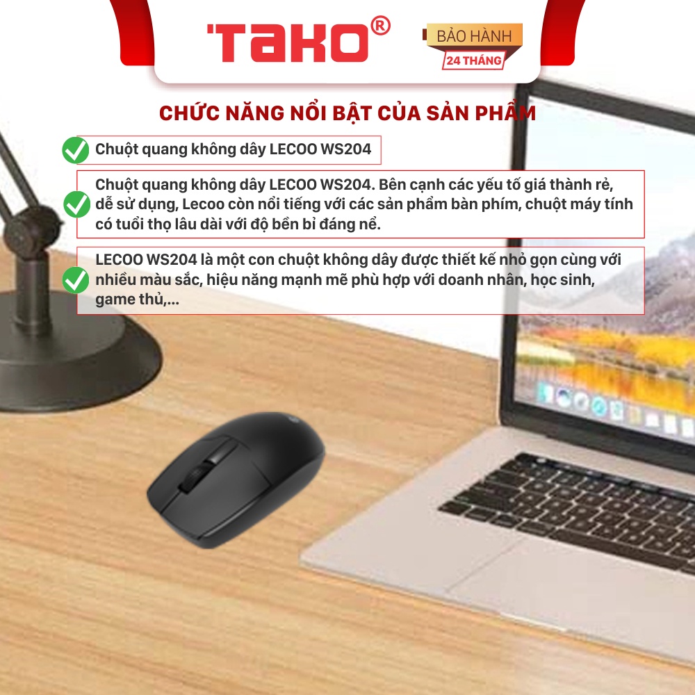 Chuột máy tính không dây LECOO WS204 dành cho dân văn phòng . Chính hãng, BH 24 tháng