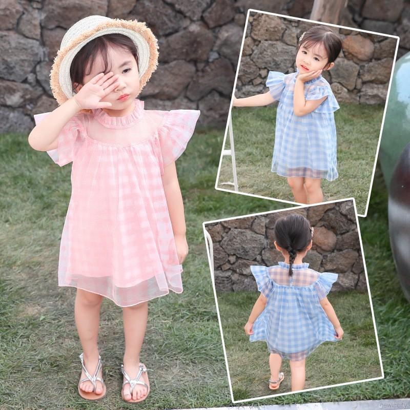 Đầm bé gái tay ngắn phối lưới phong cách Hàn Quốc