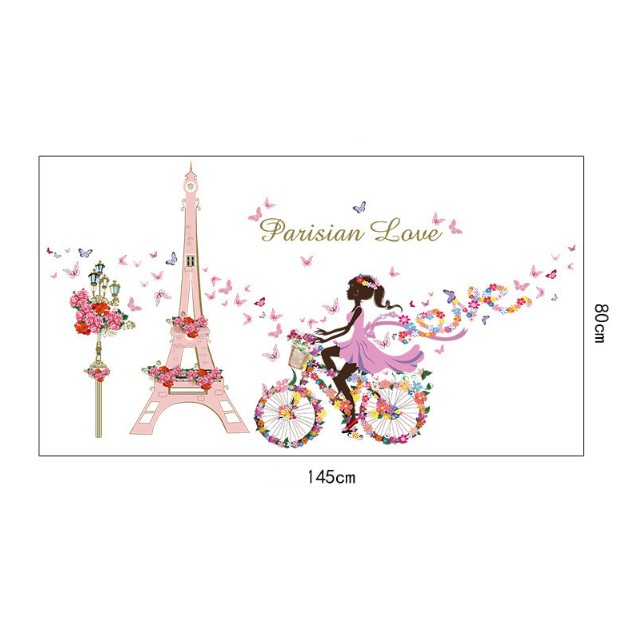 Decal trang trí Tháp Pasis Hồng Cô Gái Xe Đạp hoa
