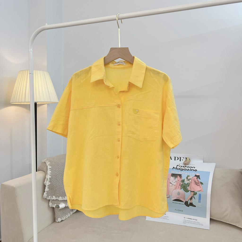 Áo Sơ Mi Nữ Tay Ngắn Nhiều Màu Phong Cách Hàn Quốc Thêu Trái Tim Cực Xinh Chất Liệu Linen Bột Nhẹ Mát SUBICI
