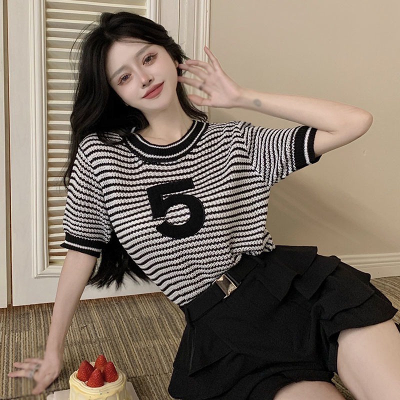 Áo Thun Dệt Kim Tay Ngắn Dáng Ôm Kẻ Sọc Màu Sắc Tương Phản Co Giãn Phong Cách Hàn Quốc