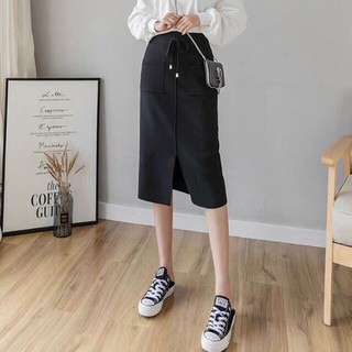 Chân váy len dài xẻ trước có túi QC