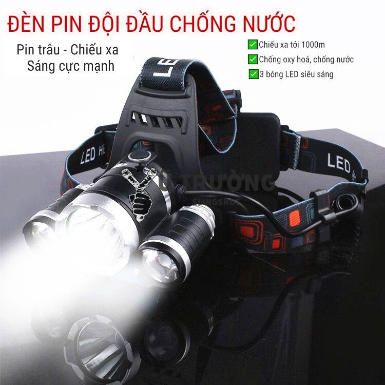 Đèn đội đầu siêu sáng - Đèn pin đội đầu 3 bóng led T6 siêu sáng kèm 2 pin và sạc, chống nước [YPX8]