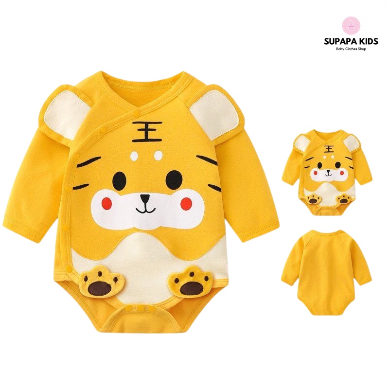 Bodysuit dài tay hình thú dễ thương, bộ liền thân hè thu cúc chéo cho bé từ 3-12kg