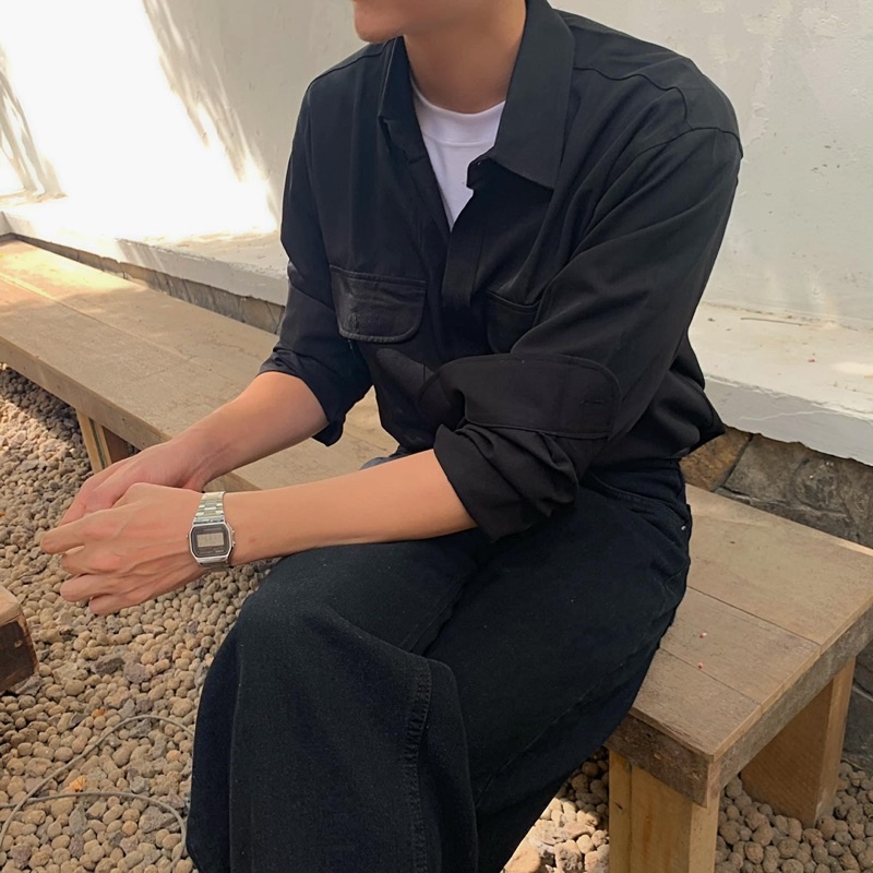 SIAM SƠMI DÀI TAY MÀU TRẮNG ĐEN 2 TÚI TRƯỚC