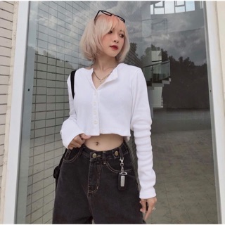 Áo Croptop Cổ Tim Tay Dài Phối Khuy Unisex ( 4 màu )