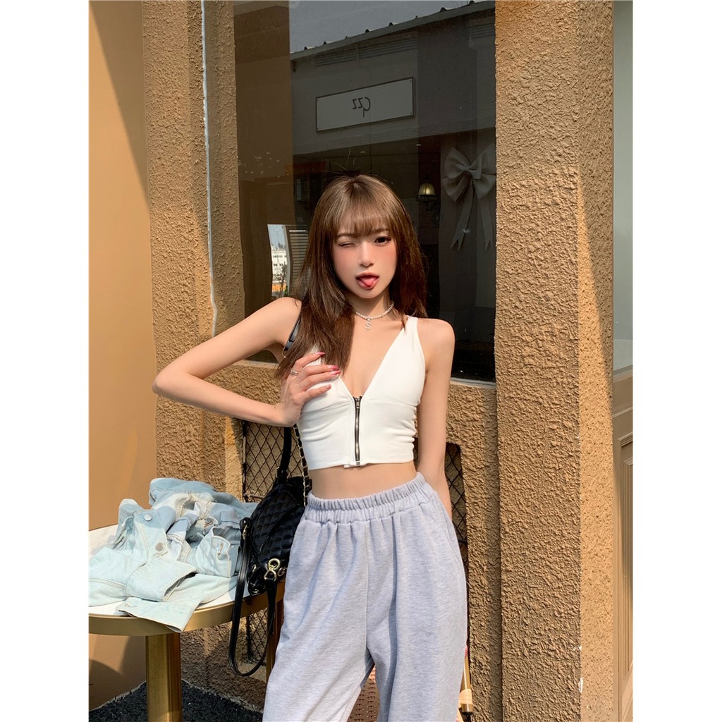Cocory vn Áo Croptop Hai Dây Cổ Chữ V Màu Trơn Phối Khóa Kéo Quyến Rũ