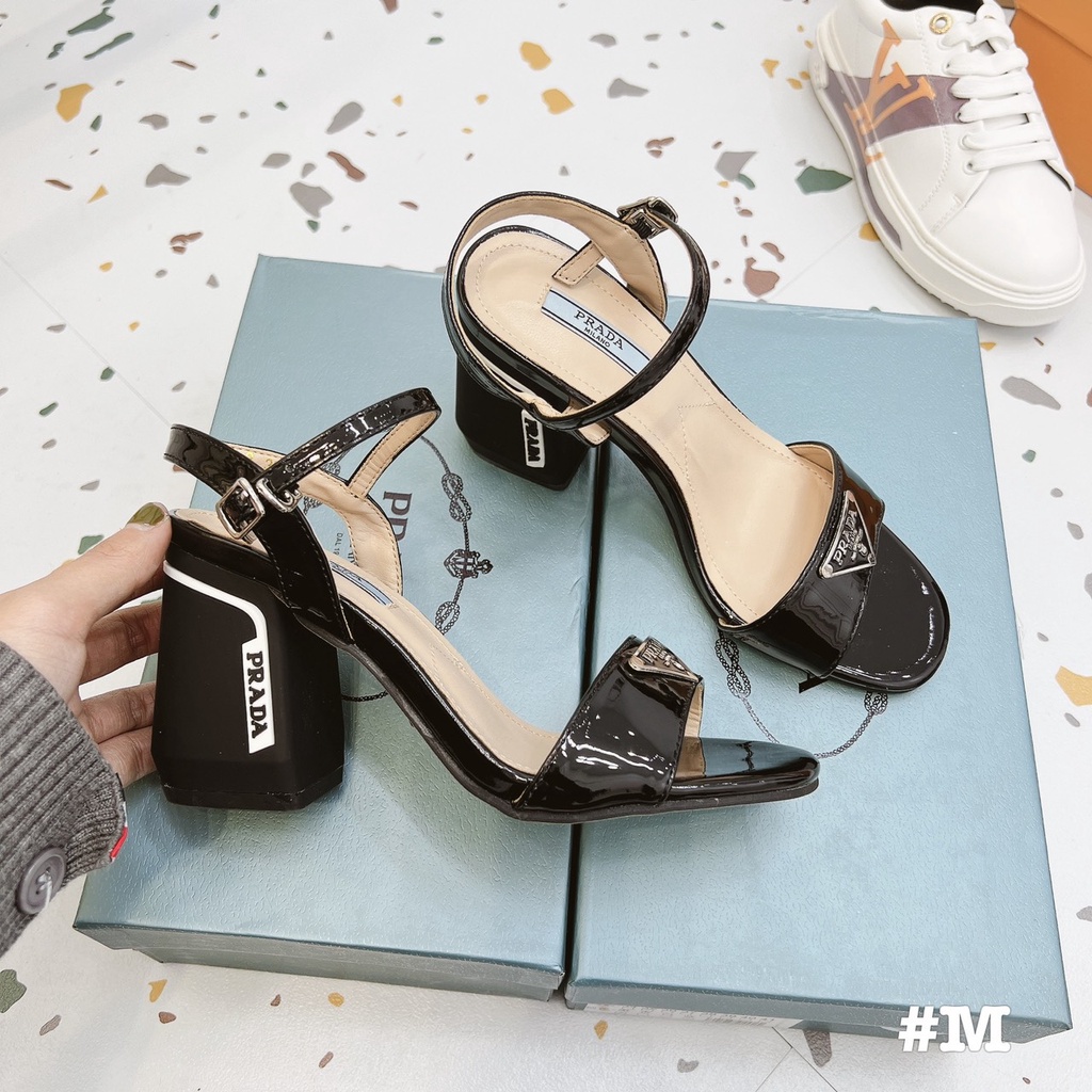 Sandal Prada da bóng gót trụ tag sang chảnh fullbox bill túi giấy