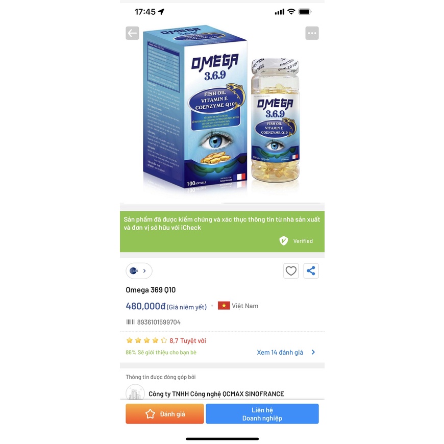 Viên uống bổ mắt, Omega 369, Dầu cá omega 369 Q10 hộp 100v