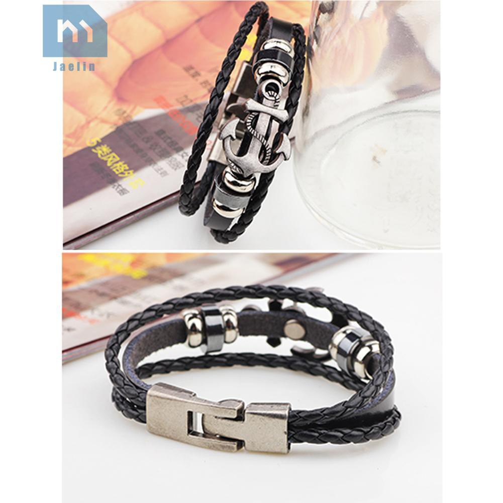 Vòng tay da mặt kim loại phối trang trí hình mỏ neo thời trang nam tính