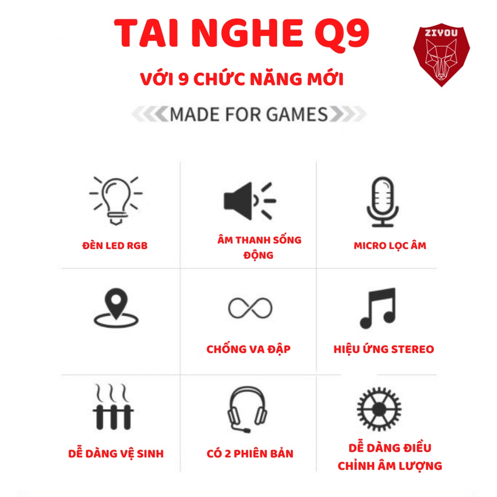Tai Nghe Chụp Tai Gaming ZIYOU MC Q9  Có Đèn Led Đổi Màu Có mic đàm thoại cho máy tính, laptop