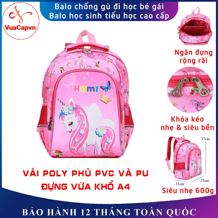 Balo học sinh chống gù Hami 1508 Pony, balo đi học cấp 1 cho bé gái siêu nhẹ, chống thấm nước