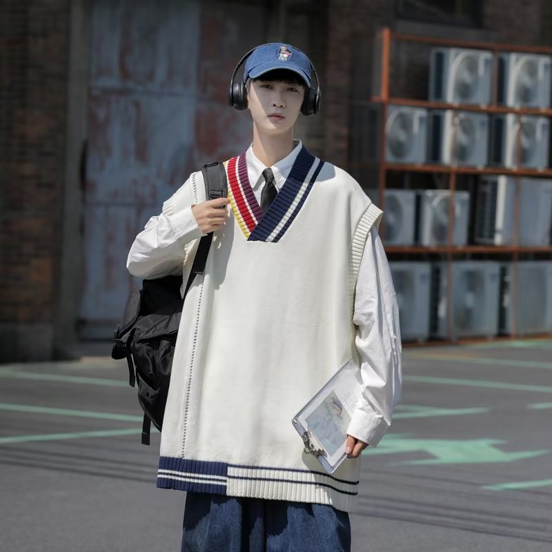 Áo Sweater Dệt Kim Sát Nách Dáng Rộng Kẻ Sọc Cổ V Kiểu Hàn Quốc Cá Tính Cho Các Cặp Đôi