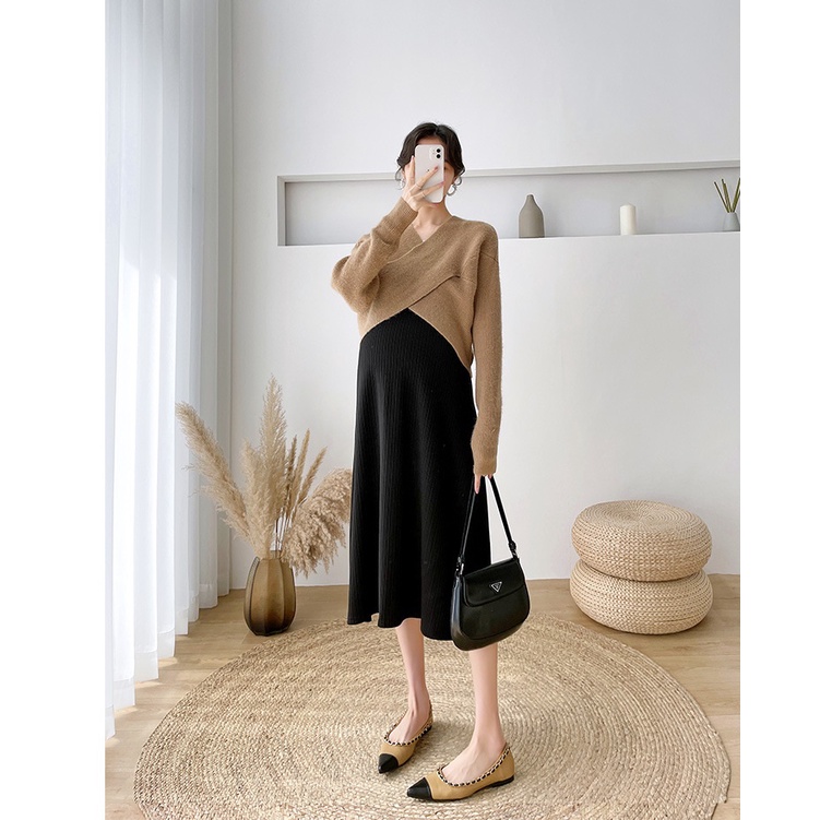 Set váy đầm bầu len kèm áo khoác croptop cao cấp phong cách mới lạ, sang trọng cá tính cho mẹ bầu thu đông