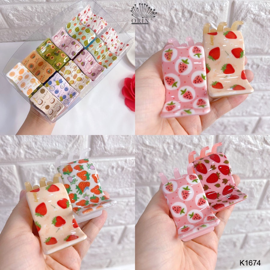 Kẹp tóc càng cua 5 răng họa tiết trái cây 3D vintage Orin K1674