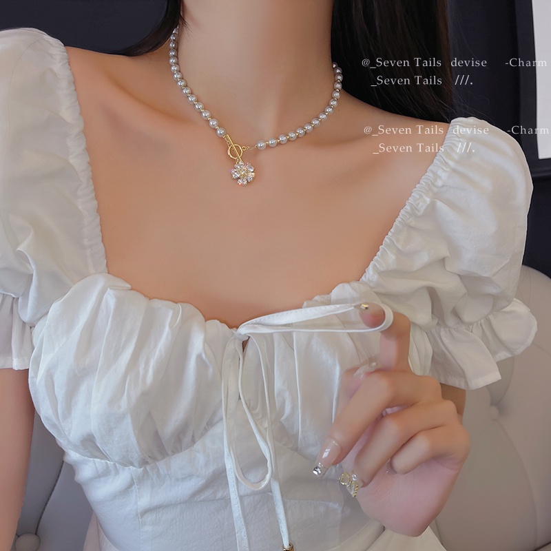 Vòng cổ Ngọc Trai Mặt Hình Bông Hoa Phong Cách Hàn Quốc Thời Trang Cho Nữ