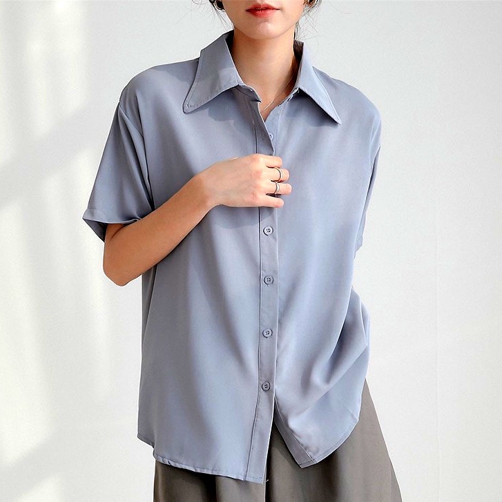 Áo sơ mi nữ tay ngắn form rộng trắng, kem, nâu kiểu sáng basic, áo cộc tay dáng suông rộng mặc đi học đi chơi đi làm | BigBuy360 - bigbuy360.vn