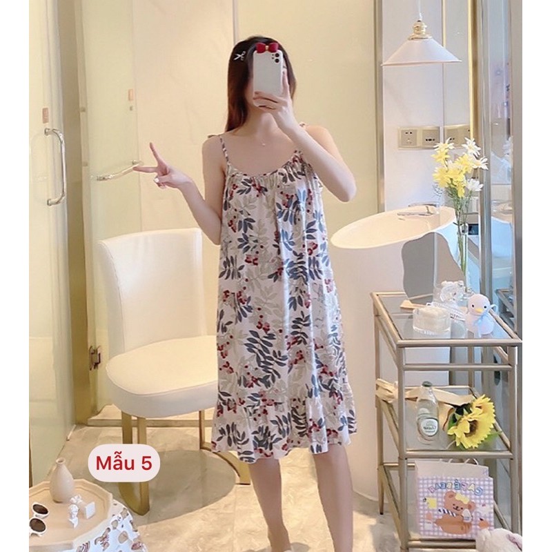 Váy lanh, váy ngủ Quảng Châu 2 dây xuông siêu mát hoạ tiế trẻ trung, cá tính