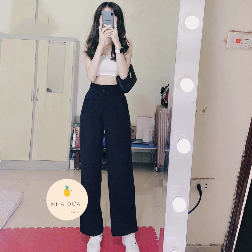 (HÌNH THẬT+VIDEO) Quần suông cạp lưng cao khóa trước 2 cúc màu trắng đen - quần tây nữ ống rộng siêu hách dáng | BigBuy360 - bigbuy360.vn