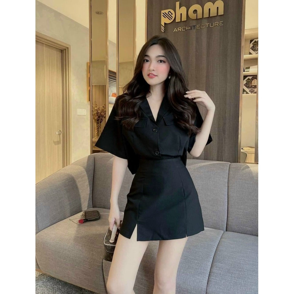 SET BỘ ĐỒ NỮ ÁO CỔ VEST CÀI NÚT PHỐI CHÂN VÁY CHỮ A SIÊU TÔN DÁNG, HÀNG QUẢNG CHÂU CAO CẤP