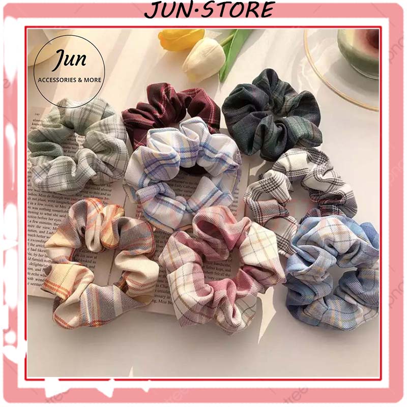 Dây buộc tóc Scrunchies, Họa Tiết Caro Vintage Hàn Quốc, Chun Buộc Tóc Scrunchies Sành Điệu