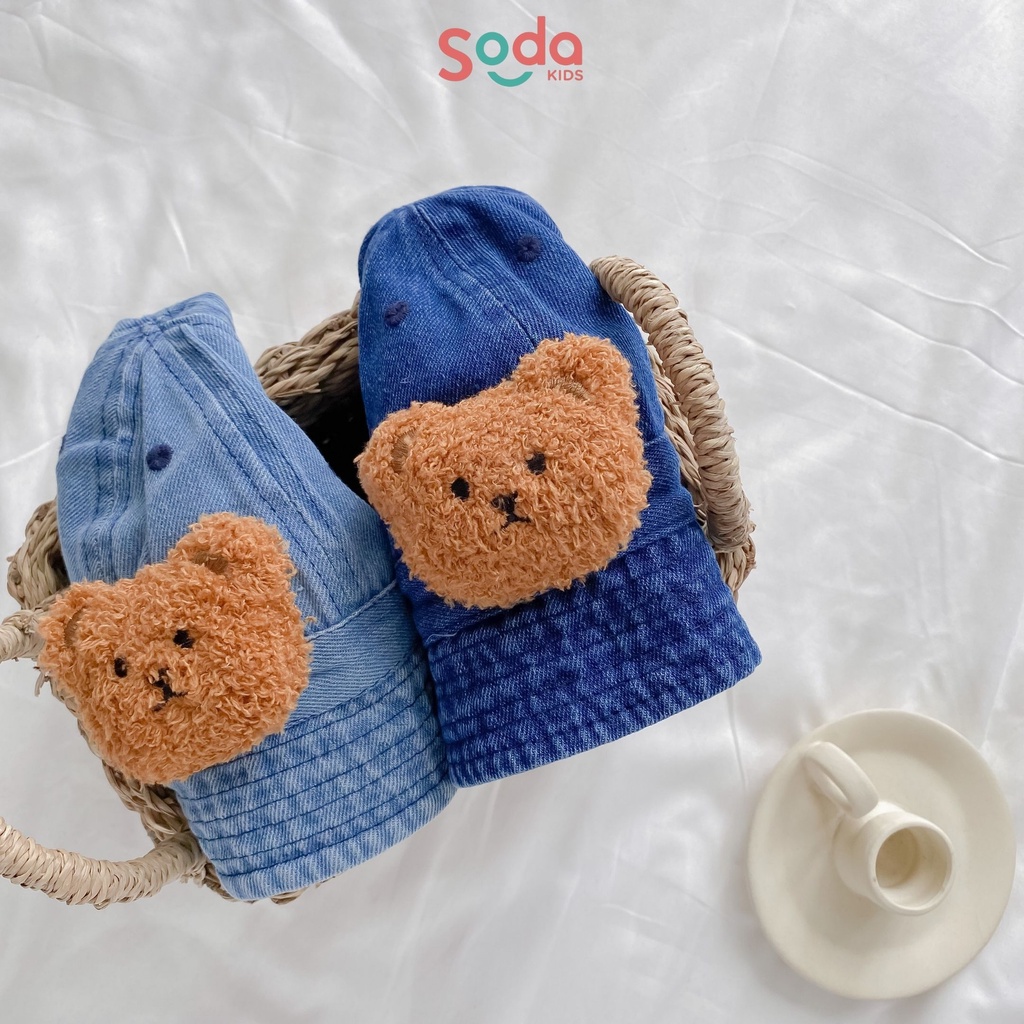 Mũ vành vải bò đính gấu nâu dành cho bé trai và bé gái 9m-2y