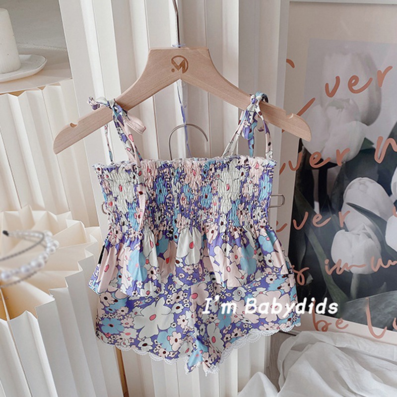 Bộ Áo Hai Dây In Hoa + Quần Short Phong Cách Phương Tây Thời Trang Mùa Hè Cho Bé Gái