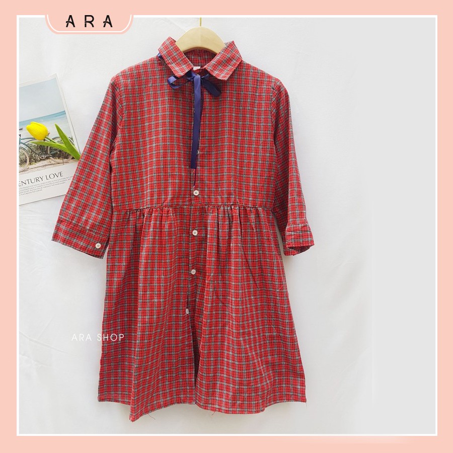 Váy babydoll xuông caro dáng xoè thắt nơ