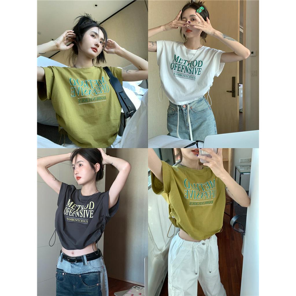 QADCOL  áo crop top Áo Thun Tay Ngắn Phối Dây Rút Trước Ngực In Họa Tiết Độc Đáo Thời Trang Mùa Hè Chất Lượng áo croptop tay dài form rộng Cao Cho Nữ