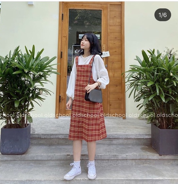 Set yếm kẻ ulzzang + áo voan ( có ảnh thật)