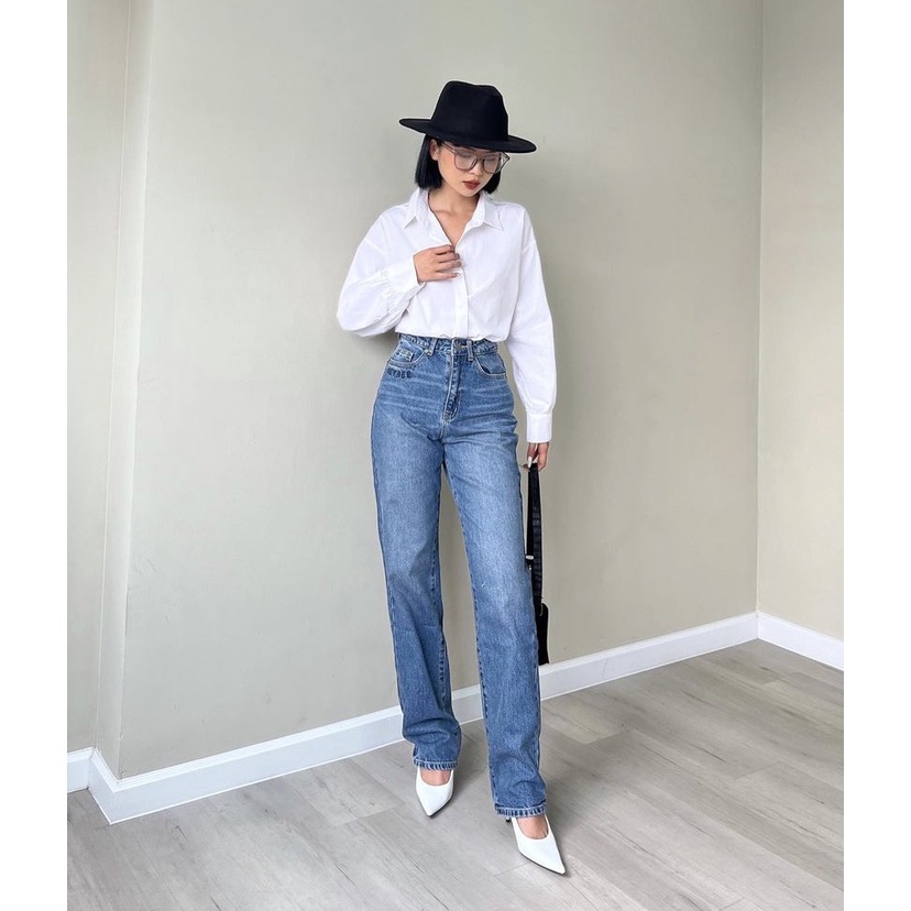 Quần jeans suông lưng cao HEYBEE - ảnh thật, thêu logo (2 màu) - HJ1124