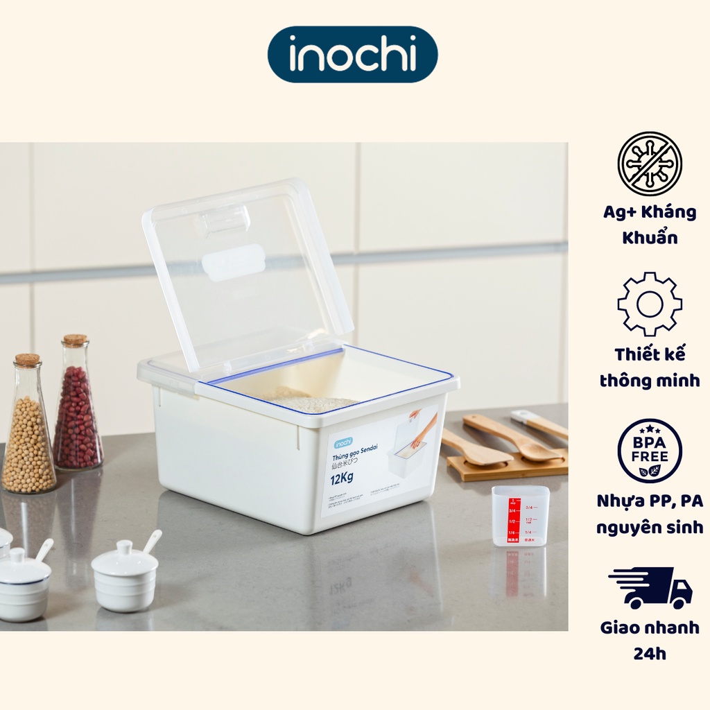 Thùng đựng gạo Sendai 12kg cao cấp inochi, nắp đậy kín, ngăn bụi, ngăn vi khuẩn, chống oxi hóa, ẩm mốc