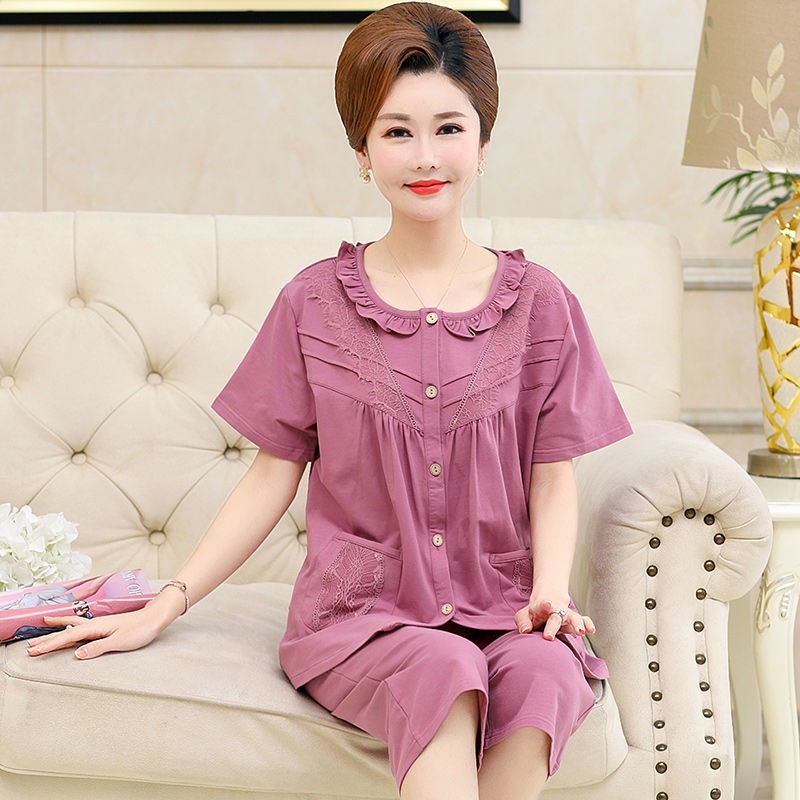 Bộ đồ ngủ của mẹ bằng vải cotton Cao - quần cắt ngắn chất lượng dành cho người trung niên và già cộng với size áo