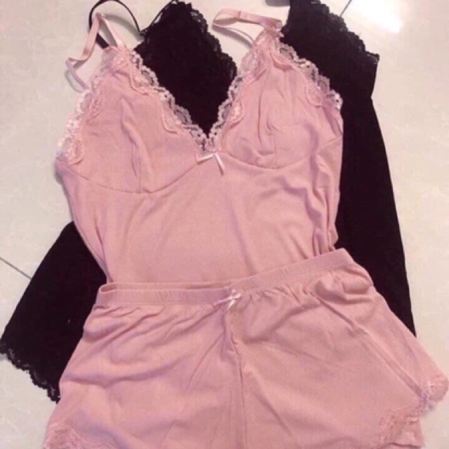 Bộ Đồ Ngủ Mặc Nhà - Bộ Ngủ Gân Tăm Cotton Hai Dây Mềm Mịn Mát Viền Ren Sexy | BigBuy360 - bigbuy360.vn