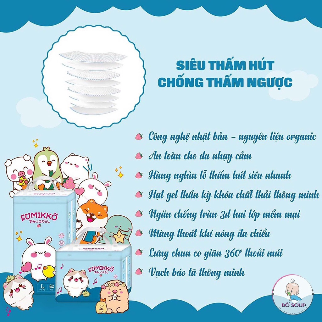 Bỉm quần tã dán SUMIKKO công nghệ Nhật Bản chống hăm, vách ngăn chống tràn 3D hai lớp NB36/S72/M66/L62/XL54/XXL50/XXXL46