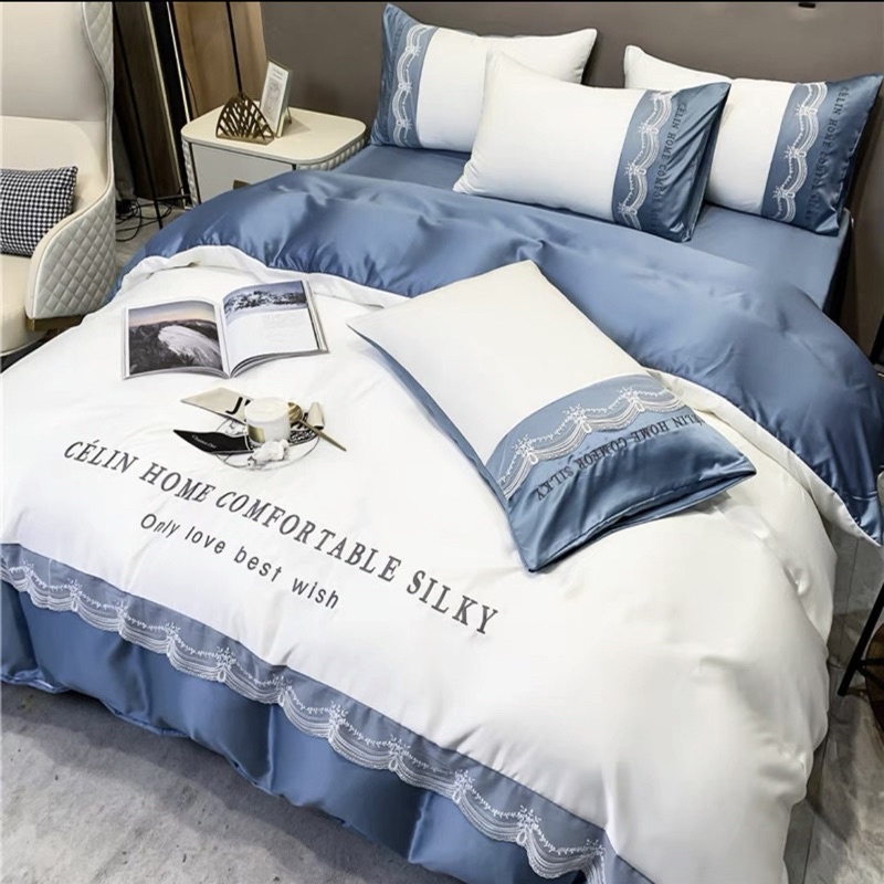 Bộ chăn ga gối phi lụa viền ren cực xinh mềm mịn ,bộ phi lụa 4 món phối ren cực xinh