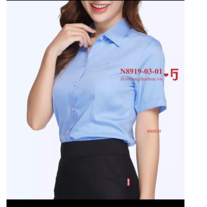 Áo sơ mi nữ Thái hòa tay ngắn màu xanh dương mã 8919 vải sợi tre