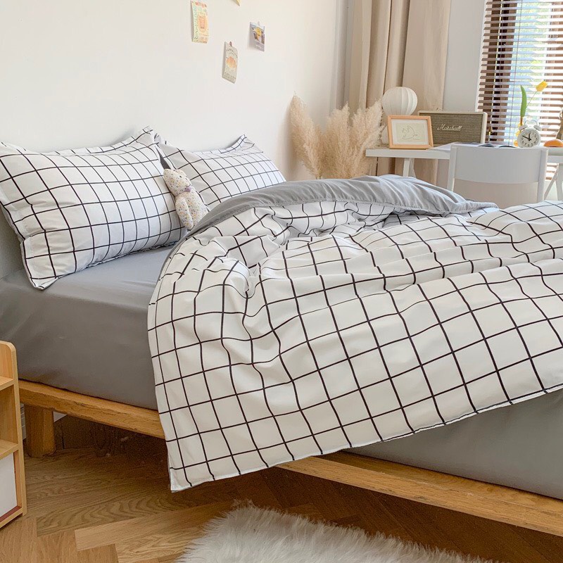 Bộ 4 Món Vỏ Chăn Ga Gối Cotton 80% Caro Trăng Ga Xám Dày Bền Cao Câp Size m6 m8 2m Napbedding