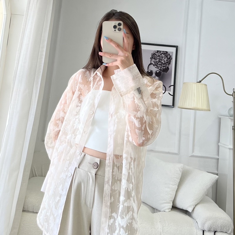 Áo sơ mi nữ form rộng tay dài hàng thiết kế Huien Design phong cách Hàn Quốc, áo sơ mi ren tiểu thư nhẹ nhàng nữ tính